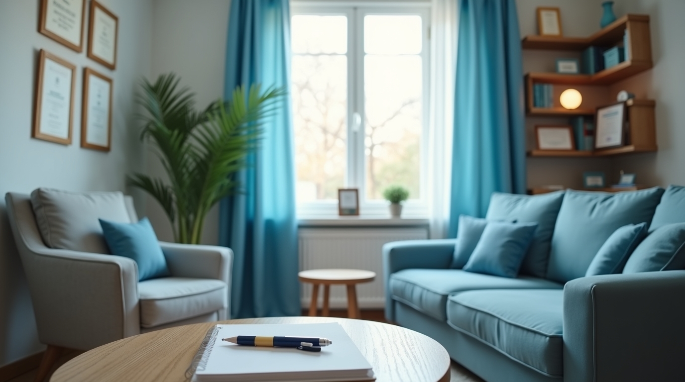 Gabinet psychologiczny - spokojne wnętrze z niebieskimi fotelami